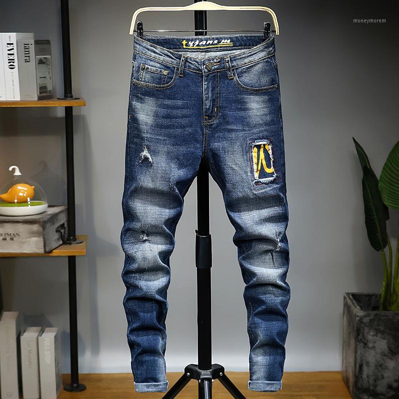 

2020 Casual Jeans mens Straight stretch Little feet skinny embroidery Scratched denim tide brand pants men1, 682