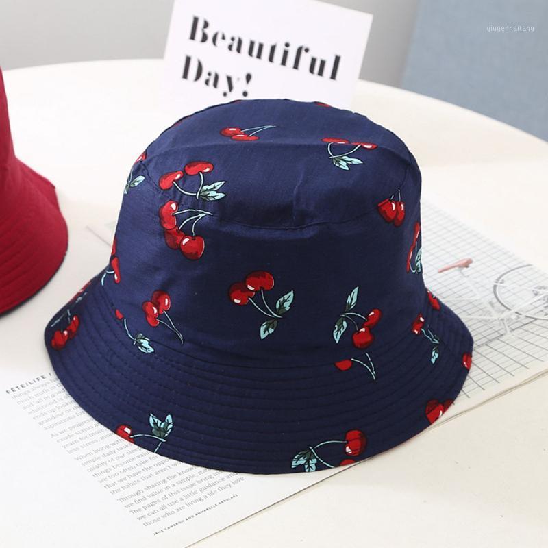 

Newest Lovely Baby Hat Children Cute Cherry Print Bucket Hat Wearing Summer Visor Folding Fishing Bucket Double-sided Summer1, White