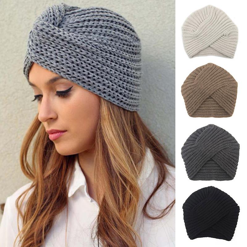 

Bohemia Style Turban Hat Women Cashmere Cross Wrap Head Hats Female Winter Knitted Warm Muslim Cap, 03