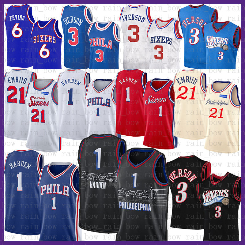 

Philadelphia''76ers''Men 2022 New James 1 Harden Basketball Jerseys Joel 21 Embiid Allen 3 Iverson Julius 6 Erving Cheap Multi, Black;red