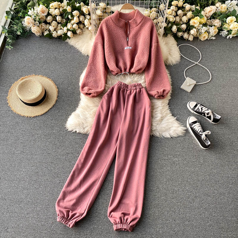 

2021 New Female autumn winter suits neck puff short tops + long trousers high B6C1, Dark gray.