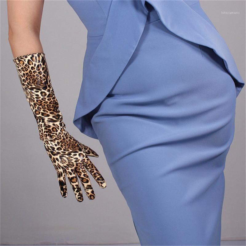 

Five Fingers Gloves Leopard Long 40cm Patent Leather Emulation PU Bright Brown Cheetah Animal Pattern Female PU251