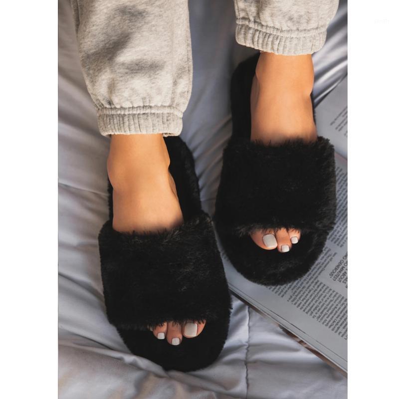 

2020 New Women Slip on Suede Slippers Open Toe Women Home Slippers Winter Fluffy Furry Flat with Fur Slides1, Brown