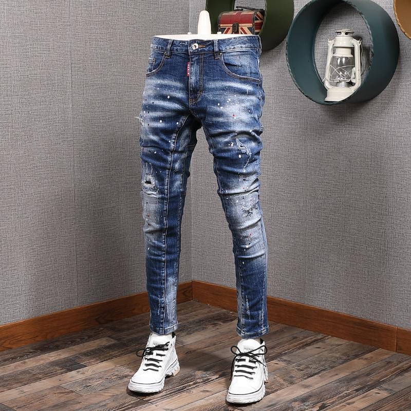 

Italian Style Fashion Men Jeans High Quality Elastic Slim Fit Hip Hop Biker Pants Homme Painted Spliced Designer Ripped Trousers, Blue