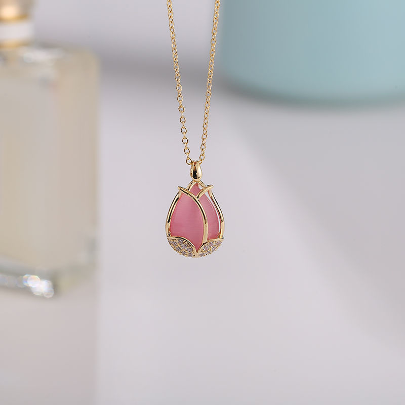 Luxury Design Handmade Gold Plated Stainless Steel Pink Gemstone Pendant Necklaces for Women-image-611394276