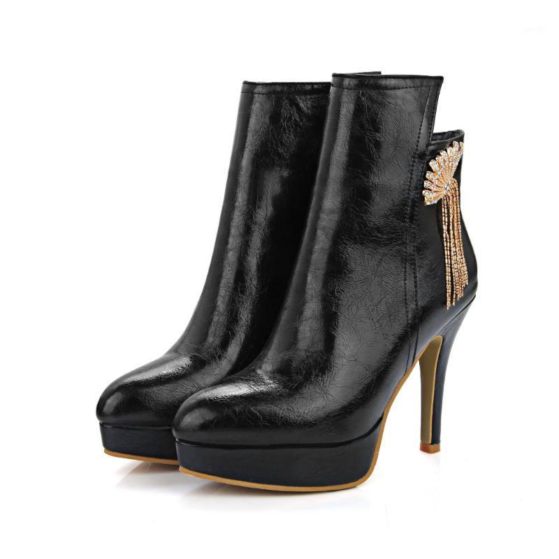 

PQECFS Big size 32-46 high quality spring & autumn women solid solid metal decoration platform high heels riding boots 4 colors1, Black