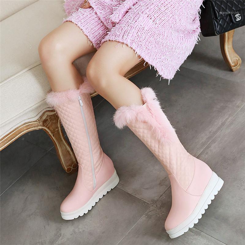 

Shoes Black Pink White Winter Warm Plush Knee High Boots Women Comfy Flat Heel Snow Boots Slip on Platform Woman Long 20211