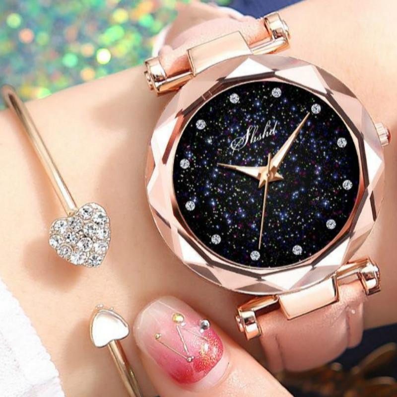 

Rhinestone Luxury Ladies Watch Leather Band Quartz Wristwatches Sky Star Women Watches Fashion Casual zegarki damskie 20201, Pink band