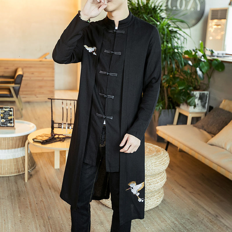 

New Men's Casual Long Jacket Chinese Style Oversize Tops Vintage Streetwear 2021 Fashion Male Clothing Black Coats H6dt, B31