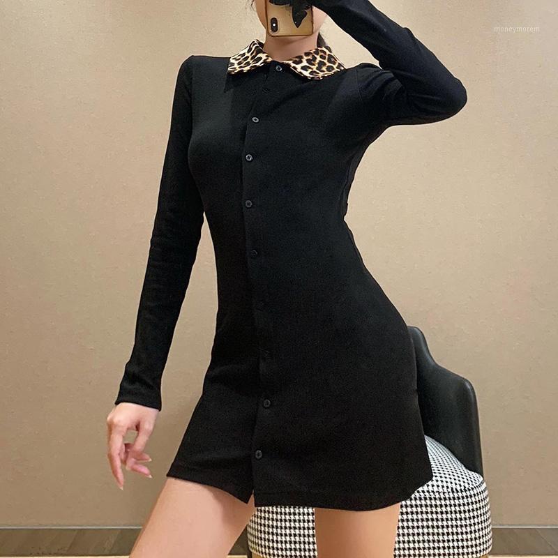 

New Goth Black Cardigan Lady Dress Women Autumn Slim Long Sleeve Turn-down Collar Patchwork Rib Knitted A-line Dress1