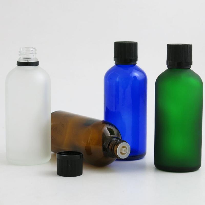 

10 x 100ml Essential Oil Travle Green Clear Brown Blue Glass Bottle with Plastic Cap For Liquid Reagent Pipette Bottle with Lock