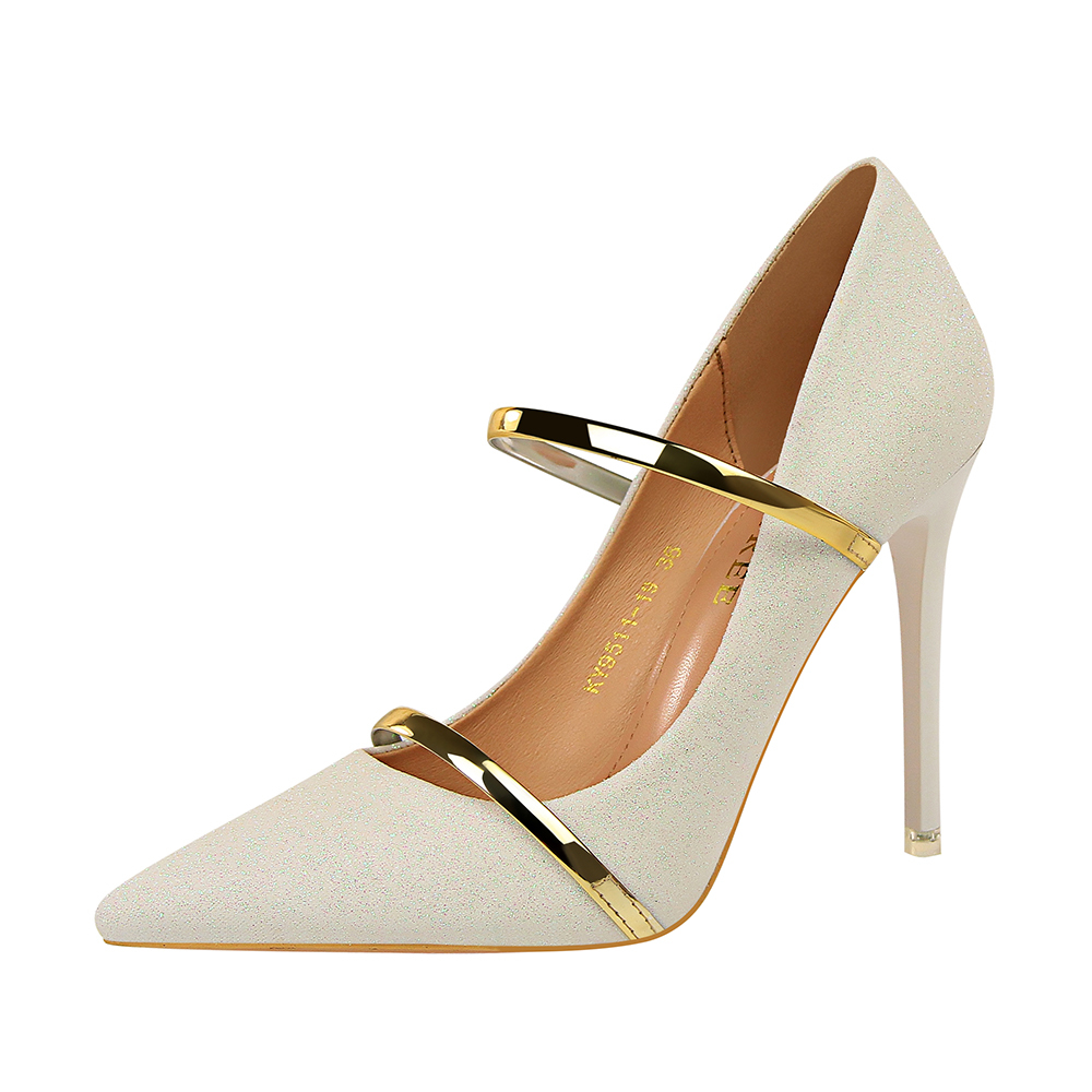 

2020 Sexy Summer New Wedding Party Slip-on-finger Point-belt High Leaps Thin Bombs Double Gold Glitter Women's Shoes I45e, The picture