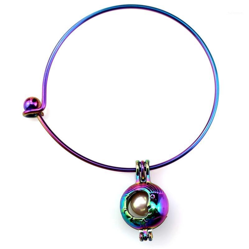 

B-C299 Rainbow Moon Face Beads Cage Locket Wrist Girl Women Expandable Wire Steel Bracelet Bangle1
