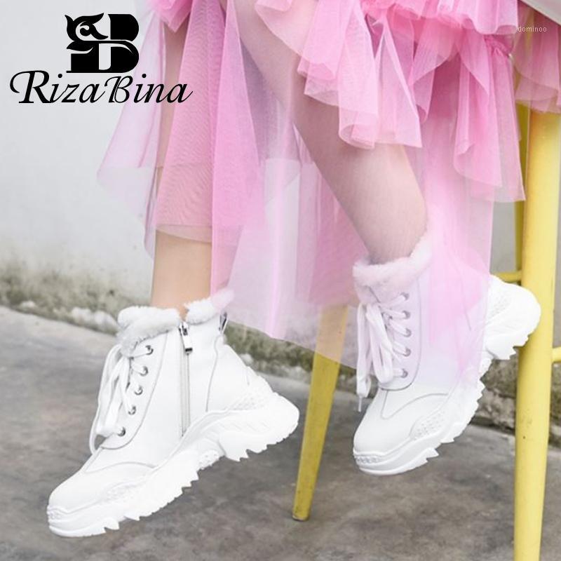 

RIZABINA Women Genuine Leather Snow Fur Warm Boots Ankle Boots Lace Up Zipper Thick Bottom Shoes Female Footwear Size 34-391, Black