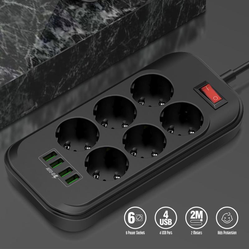 

4 USB Phone Charger Multiple Power Sockets 6 EU Outlet Power Strip Charger For Home/Restaurant Charging Mobile Phone