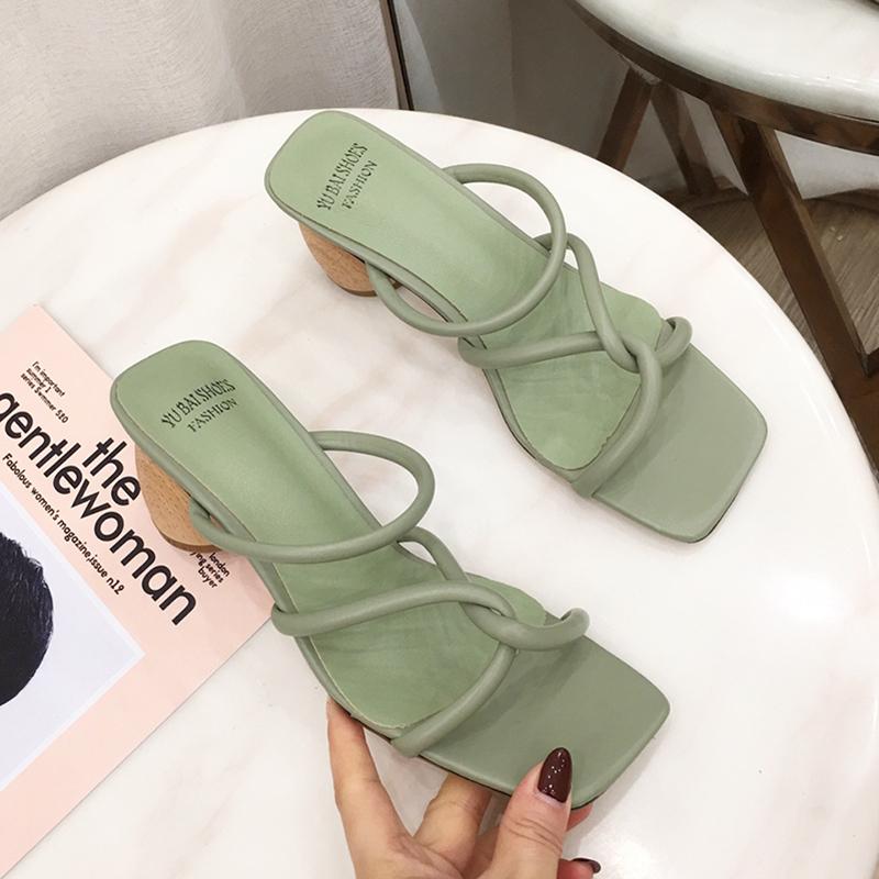 

2021 INS Fashion Women Round High Heels Slides Mules Female Open Toe Strappy Green Beige Heels Slippers Beach Sandals Party Shoe, Black