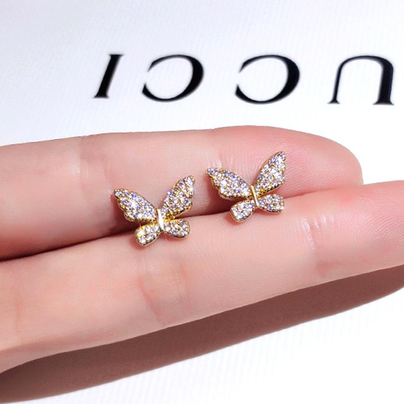 

Stud Fashion 14K Real Gold Charming Butterfly Earrings For Women Temperament High Quality Jewelry Zircon S925 Silver Needle