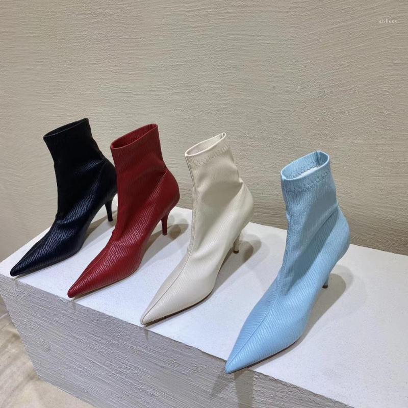 

Pointed Toe Fashion Women Sock Boots Autumn Slip On Thin High Heels Sandals Short Ankle Booties Solid Color Sexy Pumps Shoes1, Black