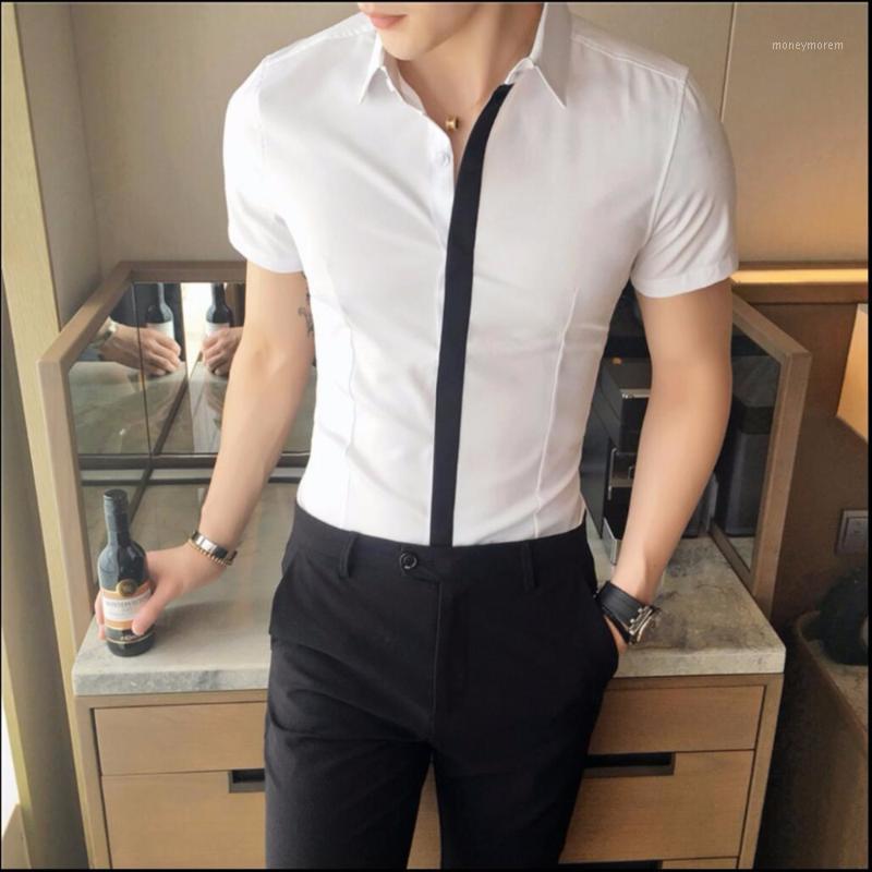 

5xl Summer Men Short-sleeve Shirt Personality Male Handsome Business Casual Slim Black Aand White Patchwork Shirt Costumes1