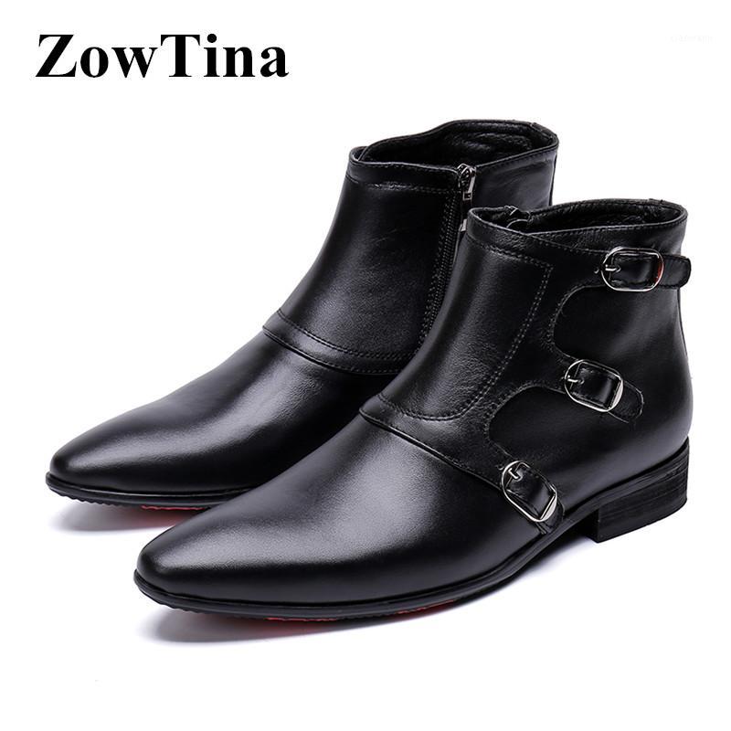 

Black Real Leather Men Winter Ankle Boots Gladiator Buckles Decor Short Bota Masculino Pointed Toe Dress Work Botines Flats Boot1, Style 1