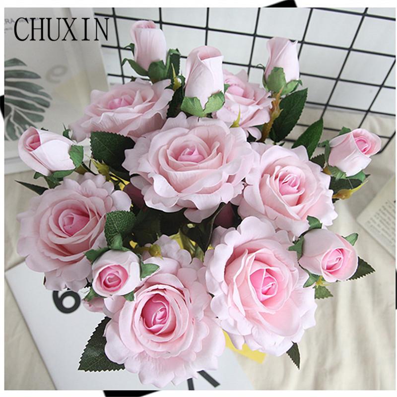 

3 flower head artificial silk roses wedding bride holding flowers home table decoration fake flowers Valentine's Day gift, Pink