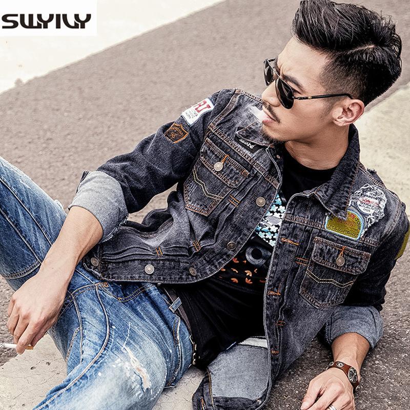 

2016 Autumn New Male Black Denim Jacket Slim Hole Jeans Nostalgic Cowboy autumn Denim Jackets Men Coats Plus Size S-4XL1