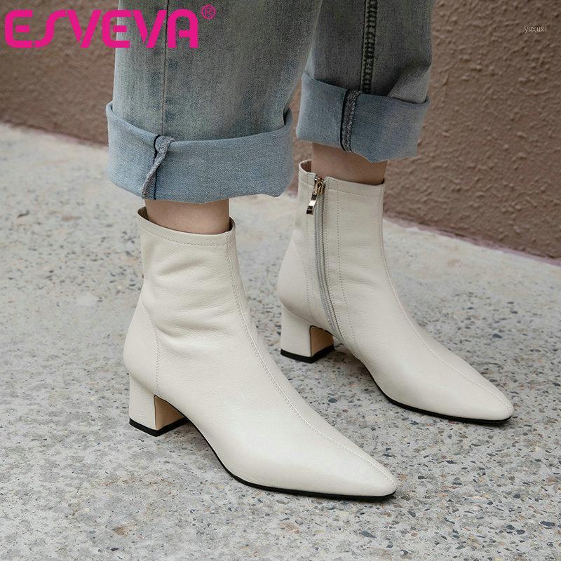 

ESVEVA 2021 Zipper Square Med Heel PU + Leather Ankle Boots Women Boots Shoes Pointed Toe Platform Size 34-421, Black-short plush