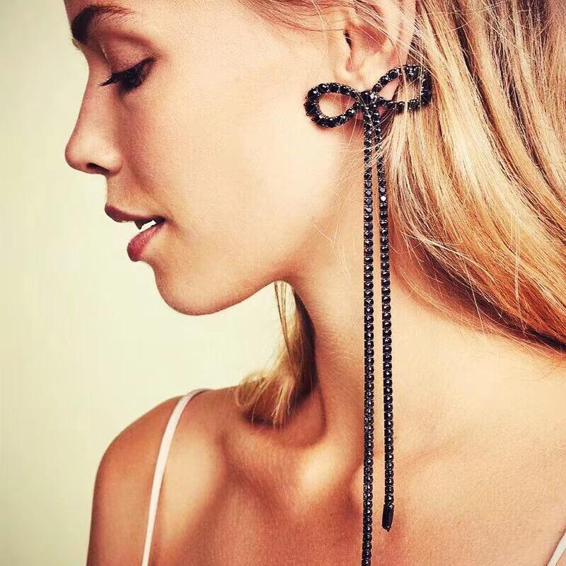 

Dangle & Chandelier Black White Rhinestone Bow Knot Long Chain Earrings For Women Fashion Jewelry Bohemian Collection Accessories