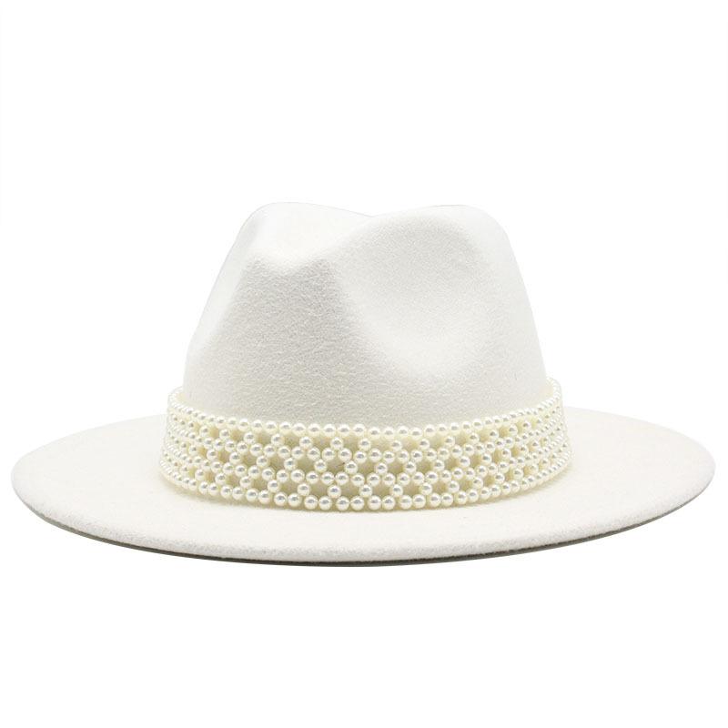 

2020 Women Wide Brim Imitation Wool Felt Fedora Hats Fashion Party Female Dress Hat Pearl Ribbon Decor White Hat