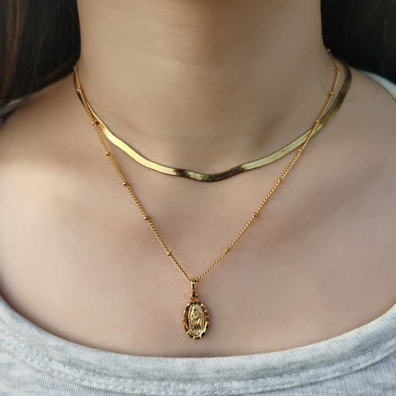 

Double Layered Herringbone Snake Satellite Link Chain Virgin Mary Pendant Necklace for Women Gold Color Jewelry Gifts LDS13