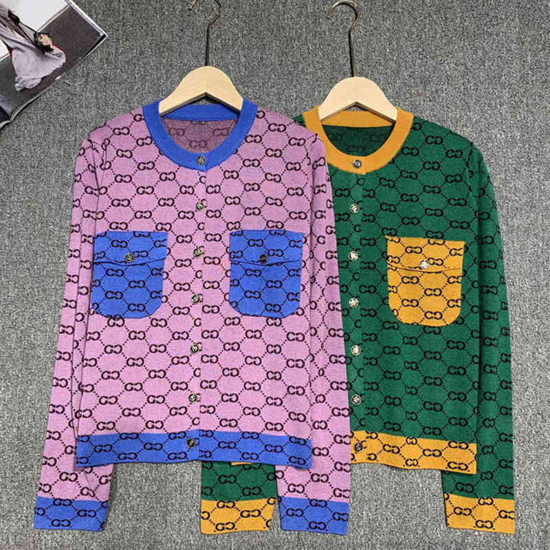 

Woolen overcoats autumn new letter jacquard contrast color round neck wool knitted cardigan women's thin coat, Purple