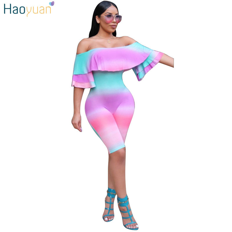 

ZOOEFFBB Ruffle Playsuit Tye Dye Print Bodysuit Off Shoulder Overalls Sexy Backless Club Wear Summer Rompers Womens Jumpsuit T200704, Red