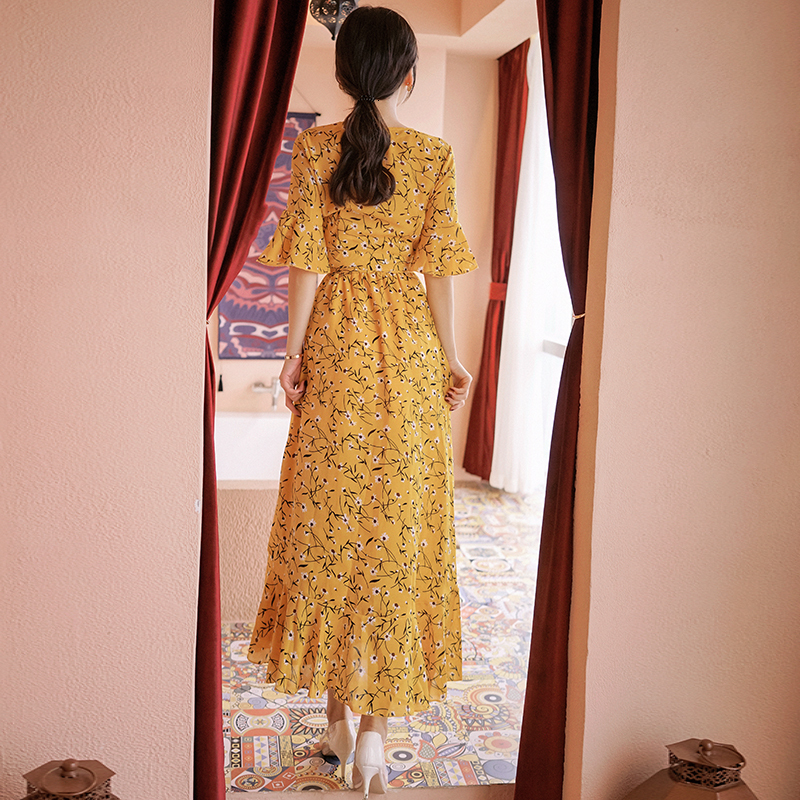 

Chiffon Bohemian Floral Printing Belt Dressed As Beach 2021 Summer Cleft Ankle Length with Cleavage in Female v Long Dress Fzbo, Blue