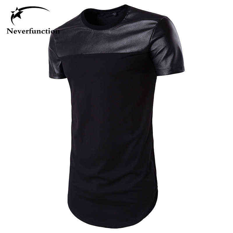 

Summer Men Curved hem Casual T-Shirt Men PU Leather stitching Street Swag Hip Hop Cotton Extended tee Short sleeves Men Tshirt G1222, B106 black
