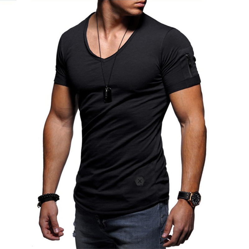 

2020 New V Collar Tshirt Men Fitness T-Shirt High Street Summer Short Sleeve Zipper T-Shirts Tops Plus Size -5XL, Navy blue