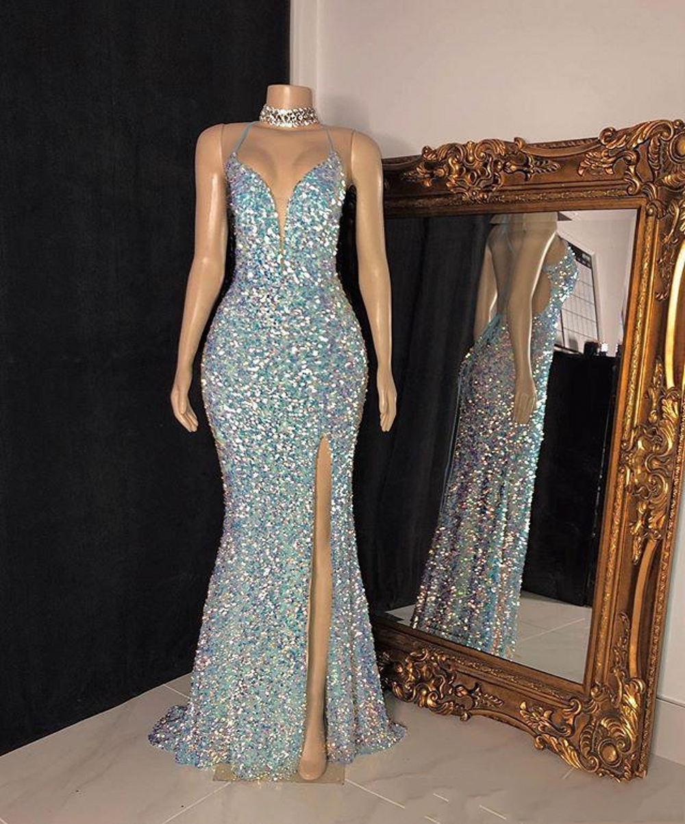 

Sparkling Mermaid Prom Dresses 2020 For Black Girls High Split Sequined Evening Party Dress Custom Made Plus Size Prom Gowns, Same as picture