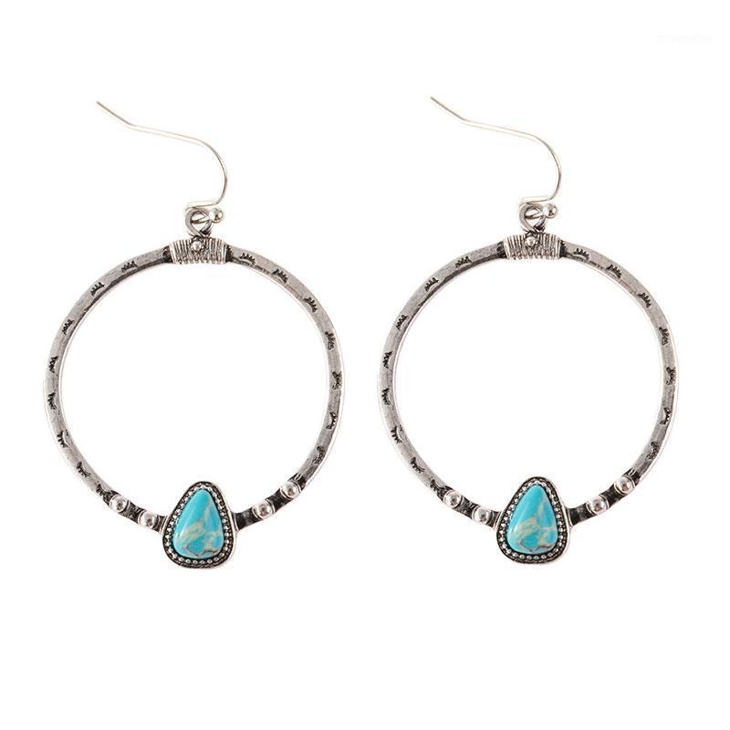 

Bohemian Style Metal Silver Big Circle Drop Earrings Vintage Pendientes Inlaid Blue Stone Women Earrings LL@171
