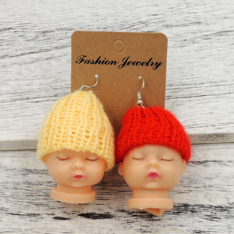 

Kawaii creepy baby doll earrings hook CUTE SLEEPY RED HAT RED YELLOW ER743