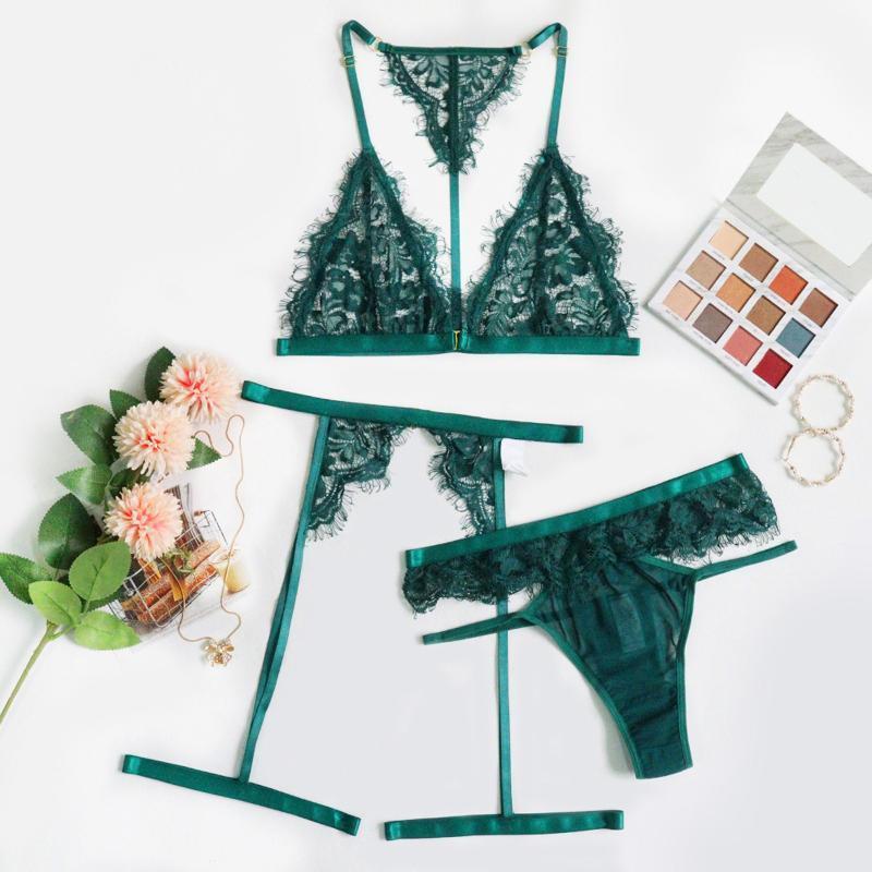 

40# Women Wireless Bra Sexy Underwear G-string Garter Set Green Sexy Lingerie Underwear Transparent Babydoll Costumes Sleepwear1