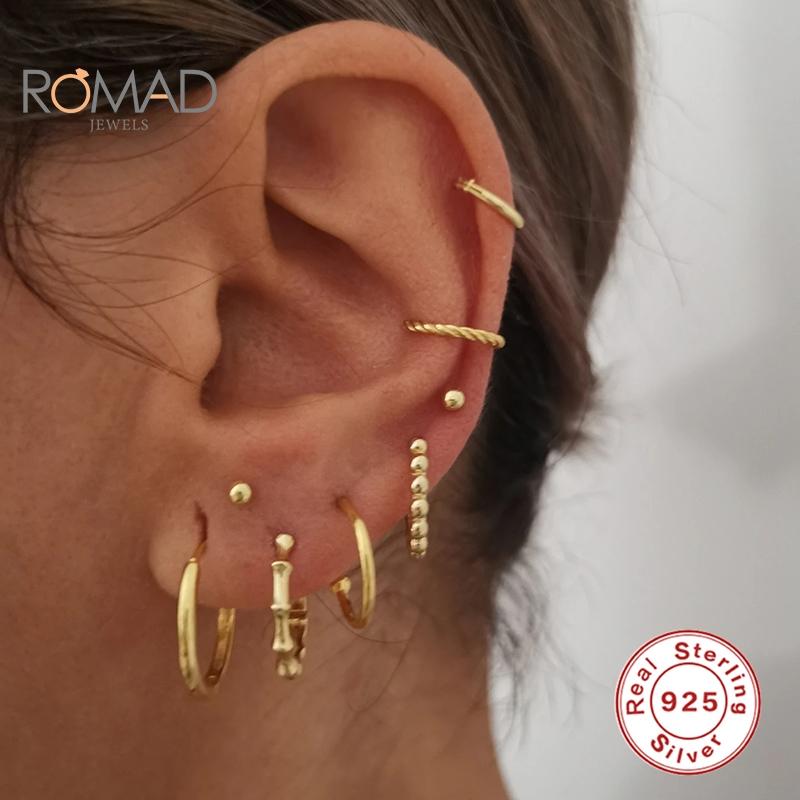 

ROMAD 925 Sterling Silver Bamboo Joint Hoops Earring Women Fashion Simple Earrings Girls Gold Piercing Jewelry Pendientes