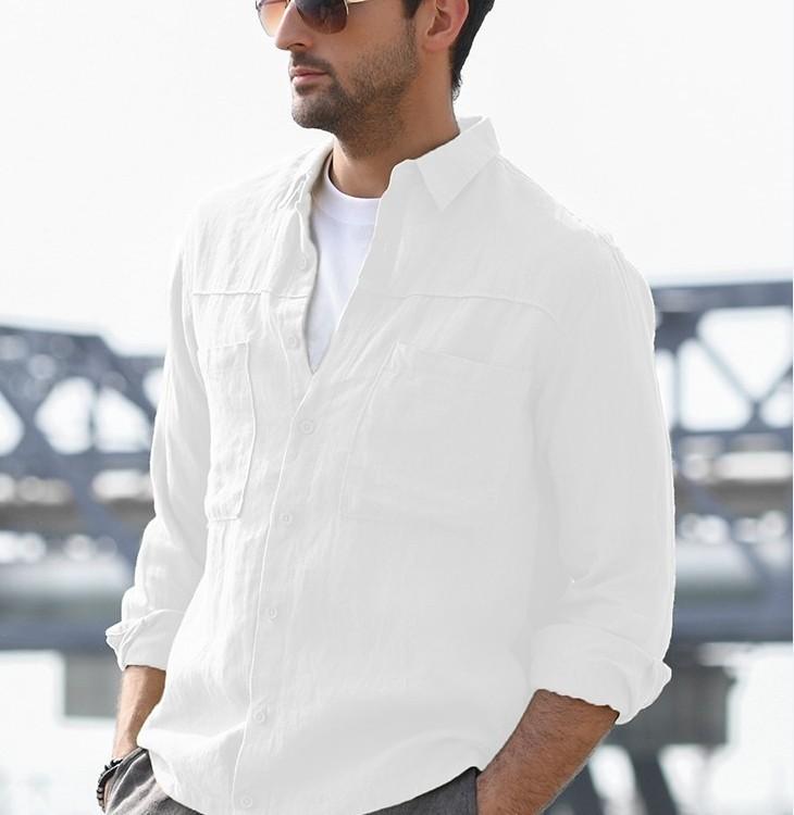 

2021 Hot Sale Men Casual Long Sleeve Shirt Lapel Neck Summer Breathable Cotton Linen Cardigan Solid Color Long Sleeve Men, Gray