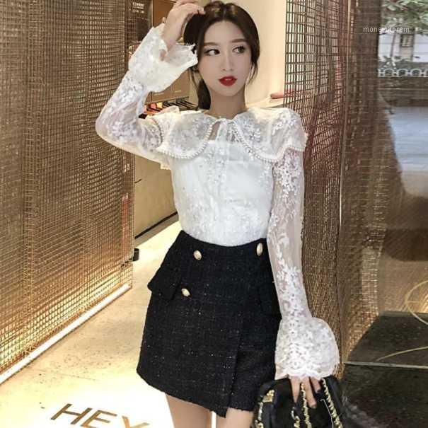

Women Blouses 2020 Hot Summer Sexy Solid Shirt Lace Hollow Out Women Tops Shirts Blusas Mujer DA4951, White