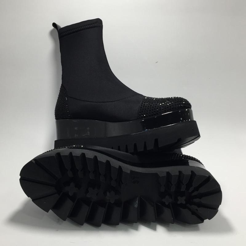 

Women Waterproof Platform Boots Autumn Winter Shoes Female Real Patent Leather Diving Fabric Bright Stones, Black