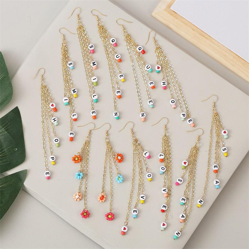 

Fashion Gold Metal Chain Tassel Drop Earrings For Women Trendy Handmade Acrylic Bead Letter Dangle Earring Girls Gift Jewelry