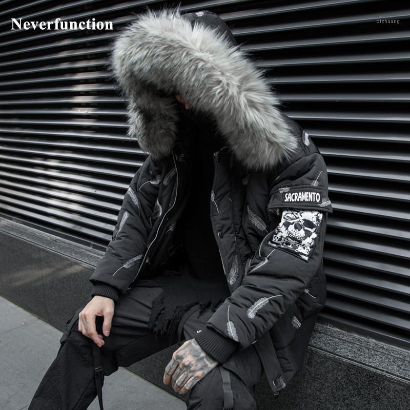 

Men's Down & Parkas Winter Men Black Fur Collar Embroidery Feather Padded Parka Bomber Jacket Fashion Streetwear Oversized Thick Warm Hooded