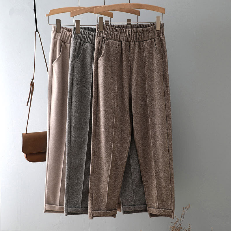 

Autumn Winter Harem Pants Casual Woolen Loose Thick Elastic Straight Trousers Women Spring High Waist Korean Pant Plus Size 201228, Apricot