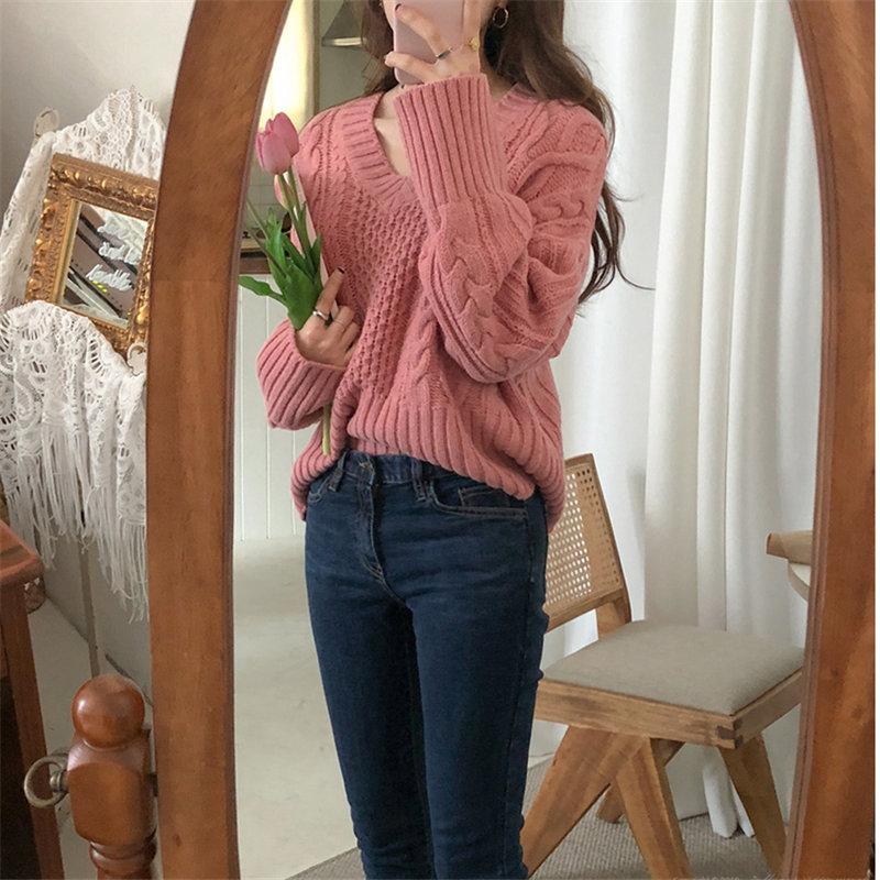 

Fall 2020 Women Fashion Casual Women Brief Knitted Warm Pullovers Chic Soft V-Neck All-Match Loose Elegant Solid Fresh Sweaters, Black