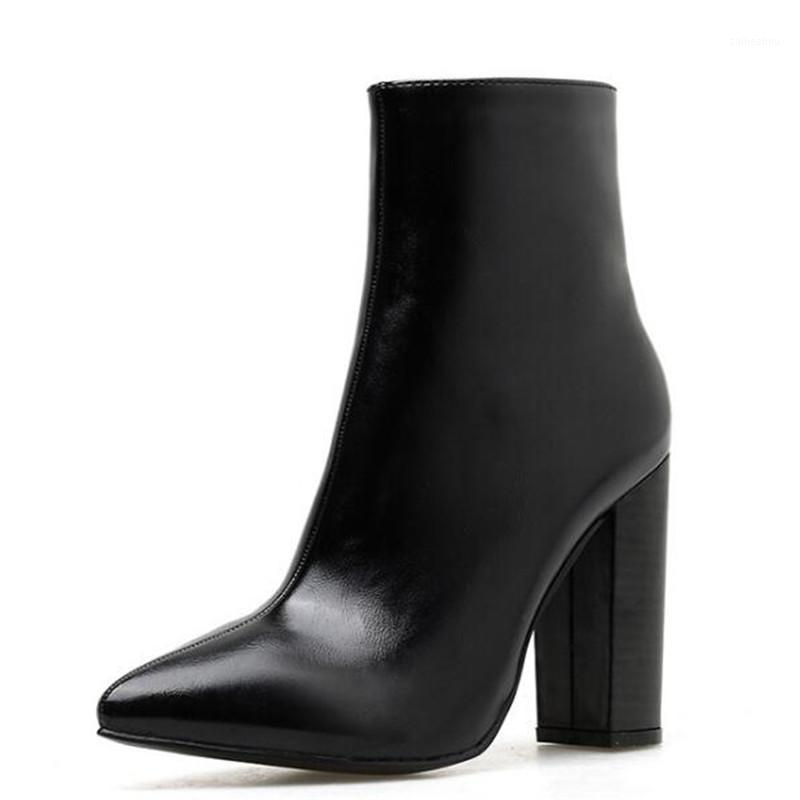 

Women's shoes high heel PU Slip On square heel shoes 11.5cm pointed toe women's boots1, Black