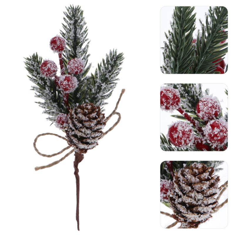 

5pcs DIY Christmas Frosted Pine Branches Red Berries and Floral Pick Decor