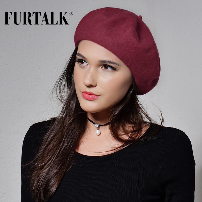 

FURTALK 100% Wool Beret Hat for Women Winter Warm Hats for Girls Female Fashion Cap beret femme red grey pink black